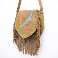 Cotton Moon & Feather Print Multi Pocket Festival Shoulder Bag with Fringe