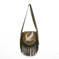 Cotton Moon & Feather Print Multi Pocket Festival Shoulder Bag with Fringe