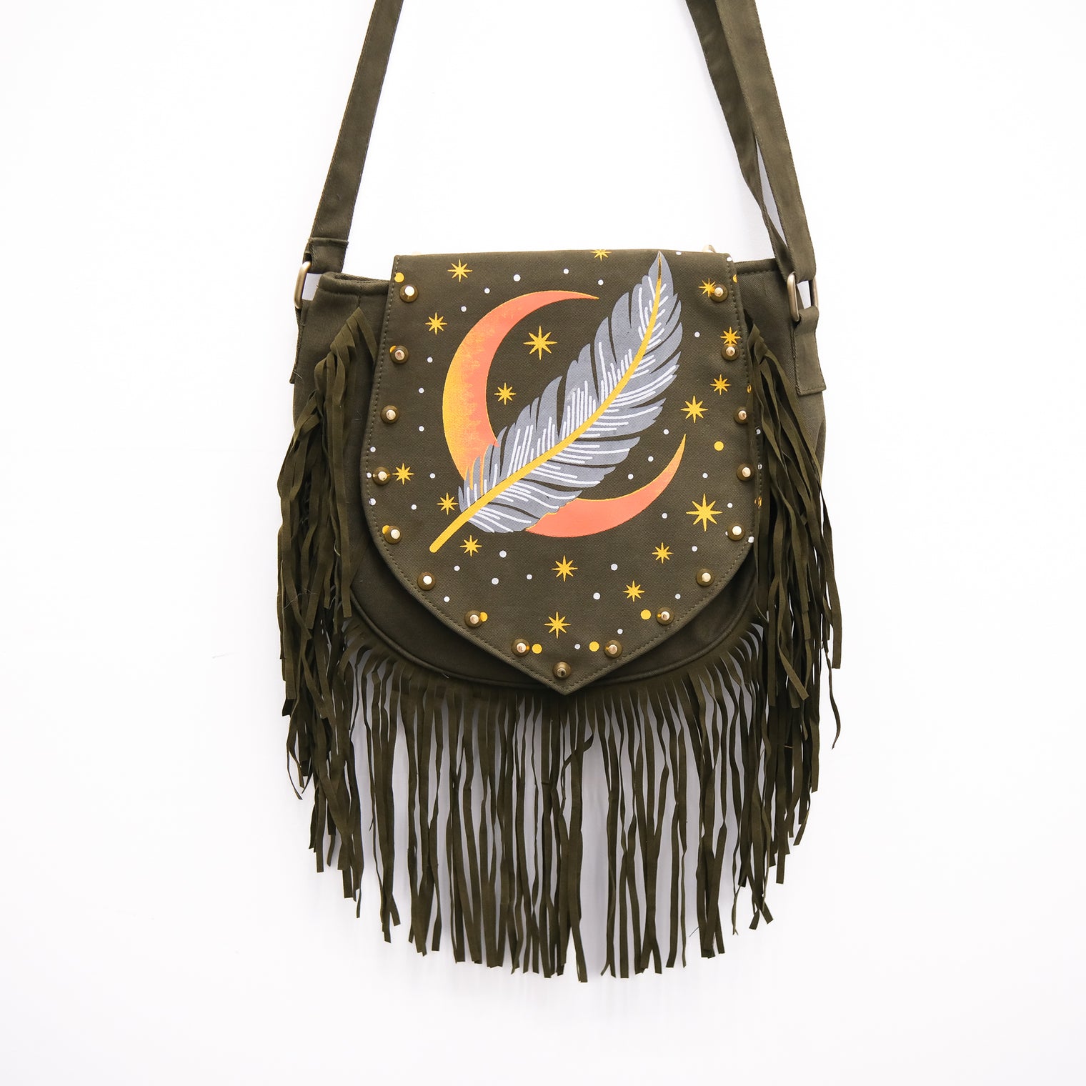 Cotton Moon & Feather Print Multi Pocket Festival Shoulder Bag with Fringe
