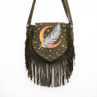 Cotton Moon & Feather Print Multi Pocket Festival Shoulder Bag with Fringe