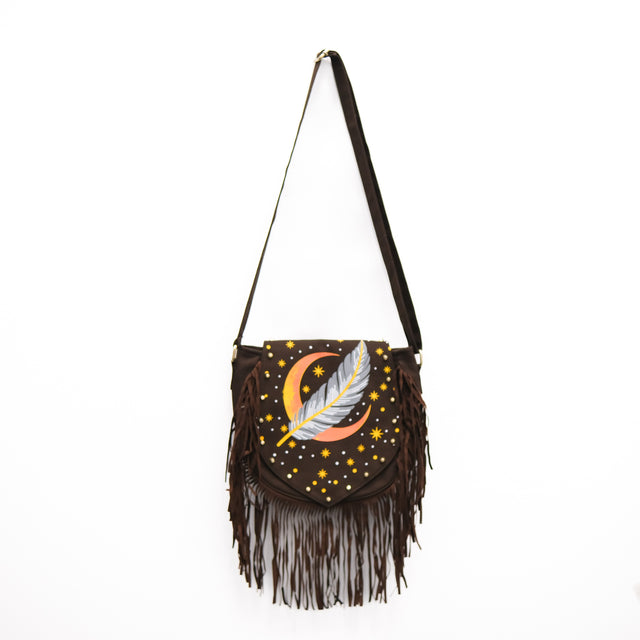 Cotton Moon & Feather Print Multi Pocket Festival Shoulder Bag with Fringe
