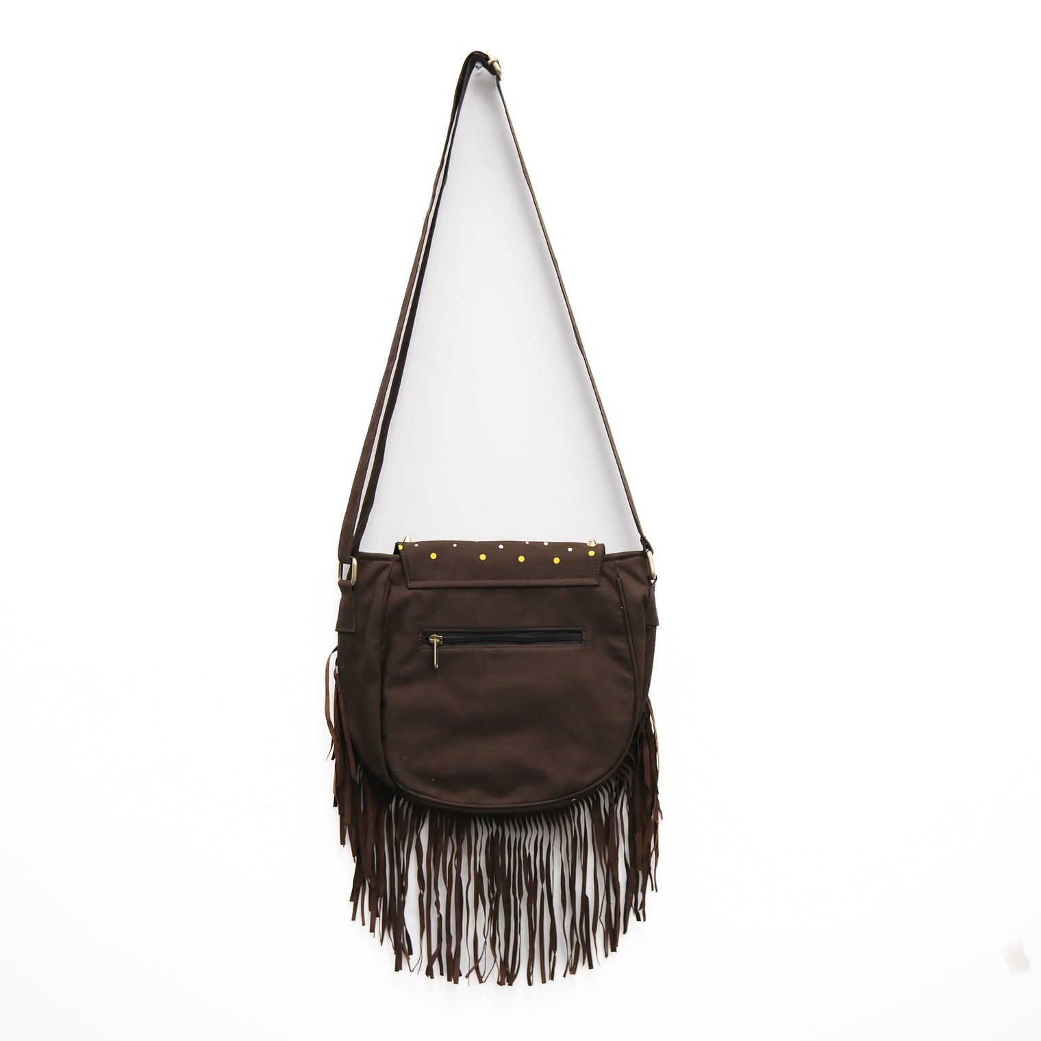 Cotton Moon & Feather Print Multi Pocket Festival Shoulder Bag with Fringe