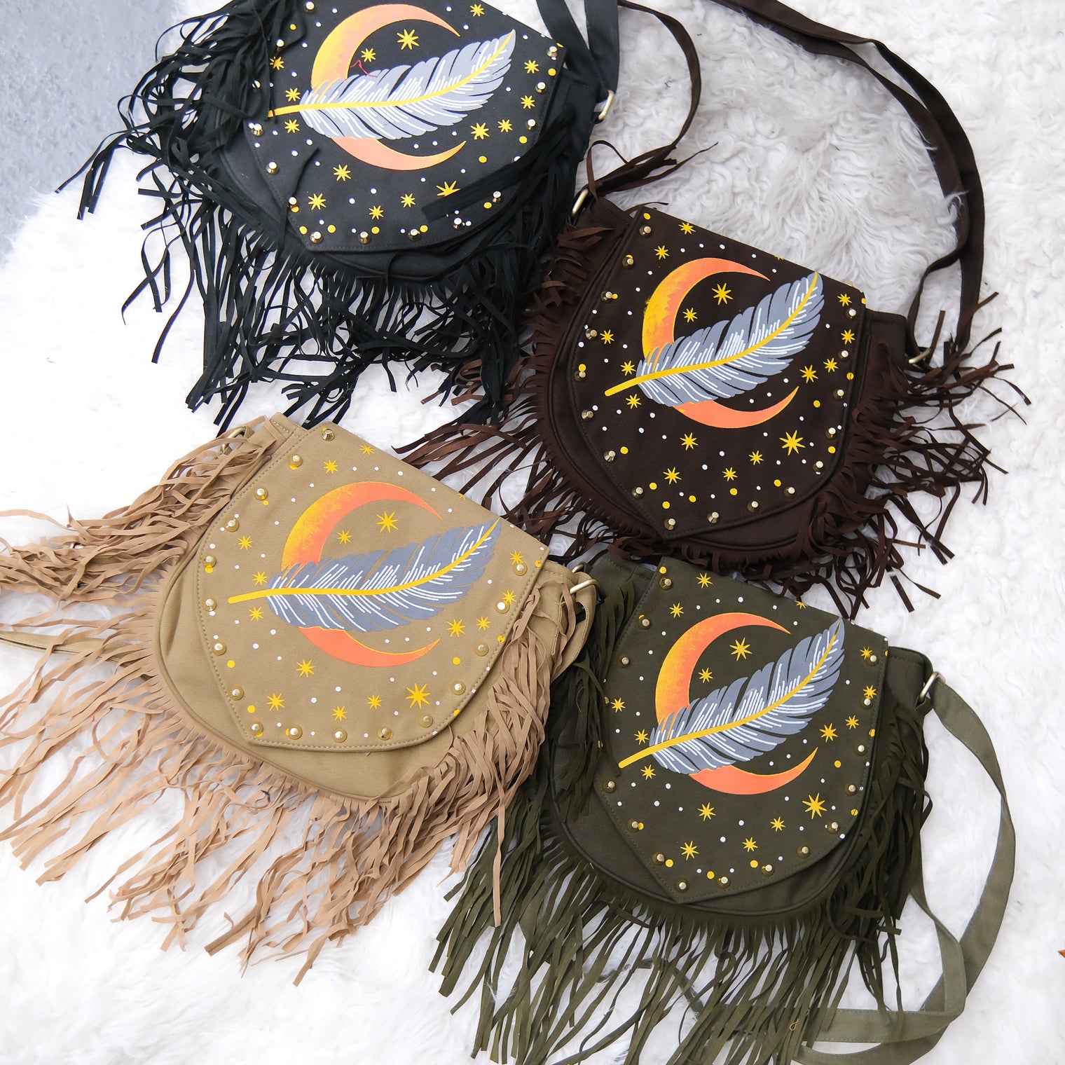 Cotton Moon & Feather Print Multi Pocket Festival Shoulder Bag with Fringe