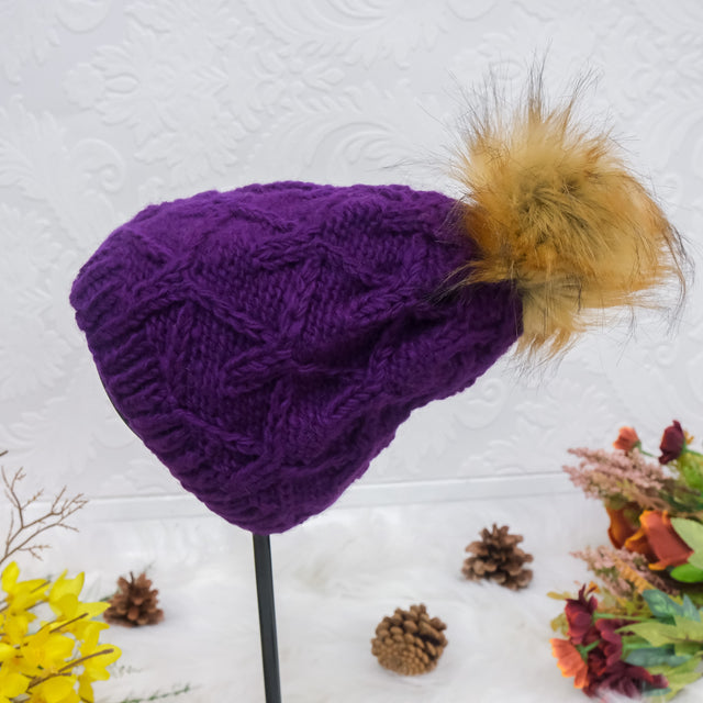 Hand Knit Fleece Lined Pom Pom Hat
