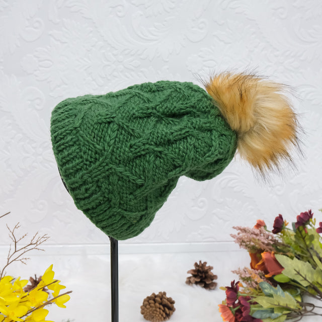 Hand Knit Fleece Lined Pom Pom Hat