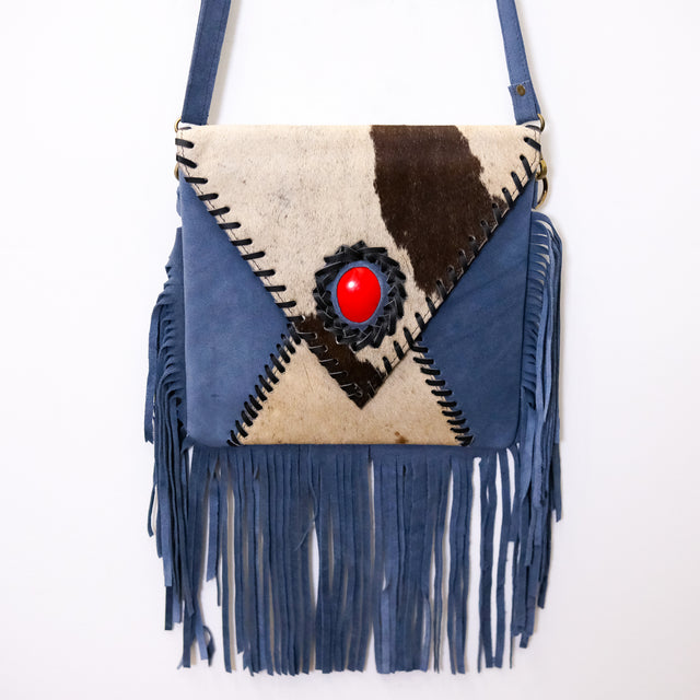 Blue Suede Western Fringe Crossbody Bag