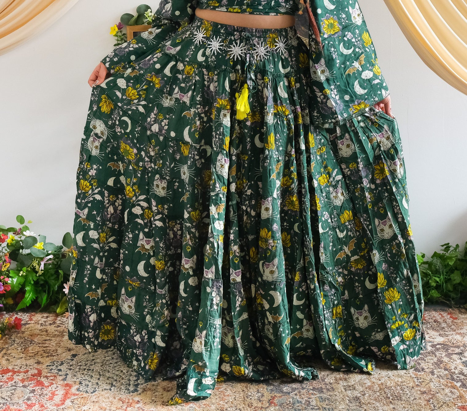 Celestial Cat Moon Tiered Maxi Skirt