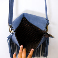 Blue Suede Western Fringe Crossbody Bag