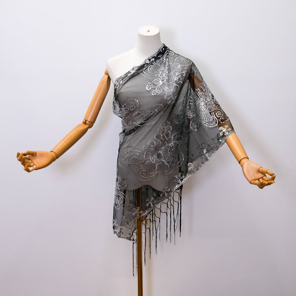 Floral Lace Sequin Shawl with Fringe