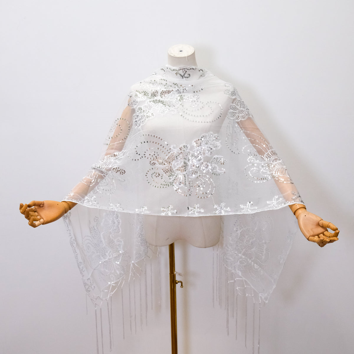 Floral Lace Sequin Shawl with Fringe