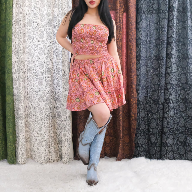 Boho Paisley Smocked Tube Top Paisley Skirt Set
