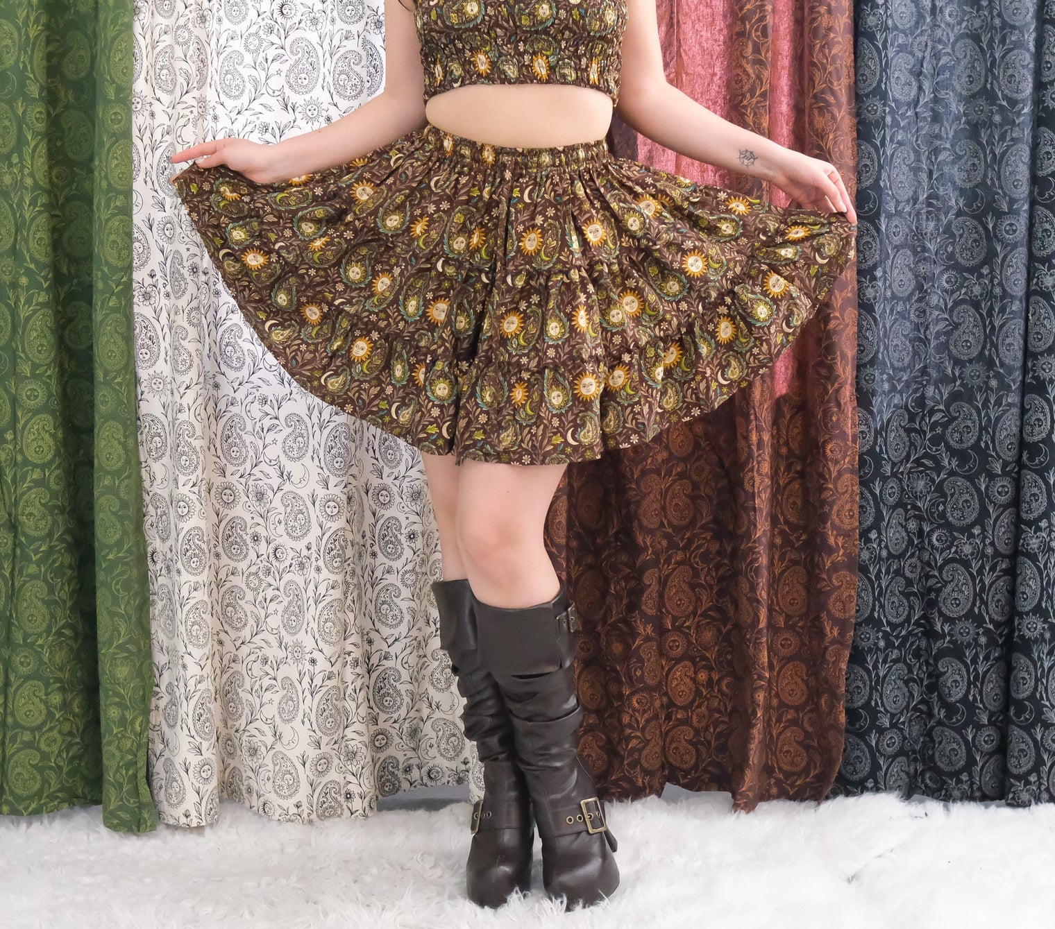 Boho Celestial Paisley Mini Skirt with Pockets