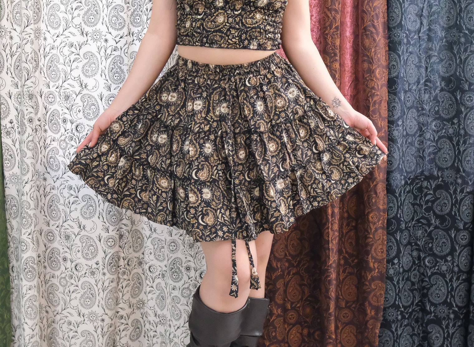 Boho Celestial Paisley Mini Skirt with Pockets