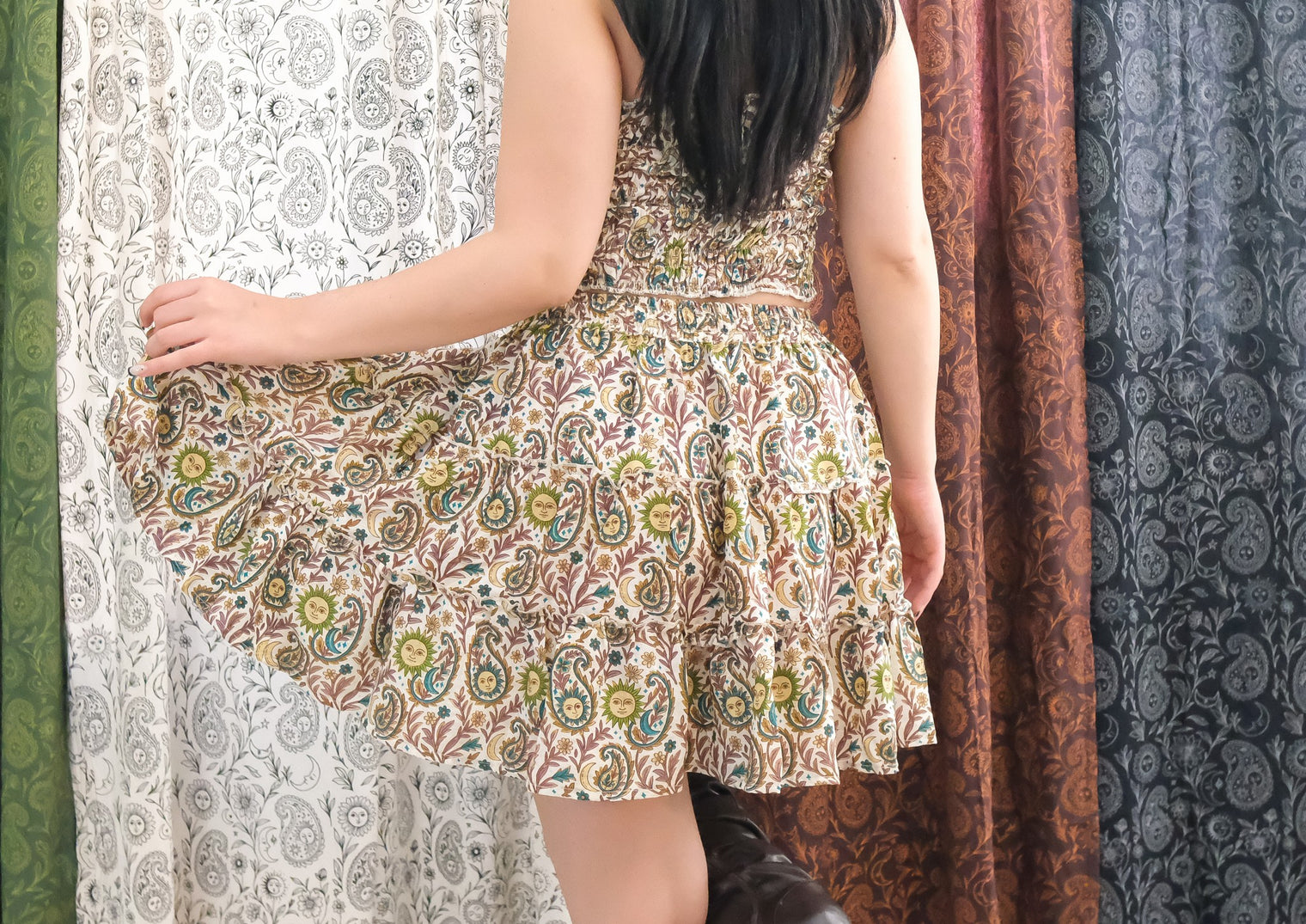 Boho Celestial Paisley Mini Skirt with Pockets
