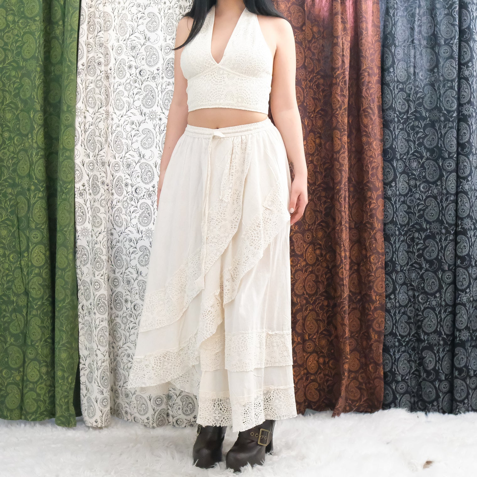 Boho Lace Maxi Skirt Set with Reversible Halter Bralette