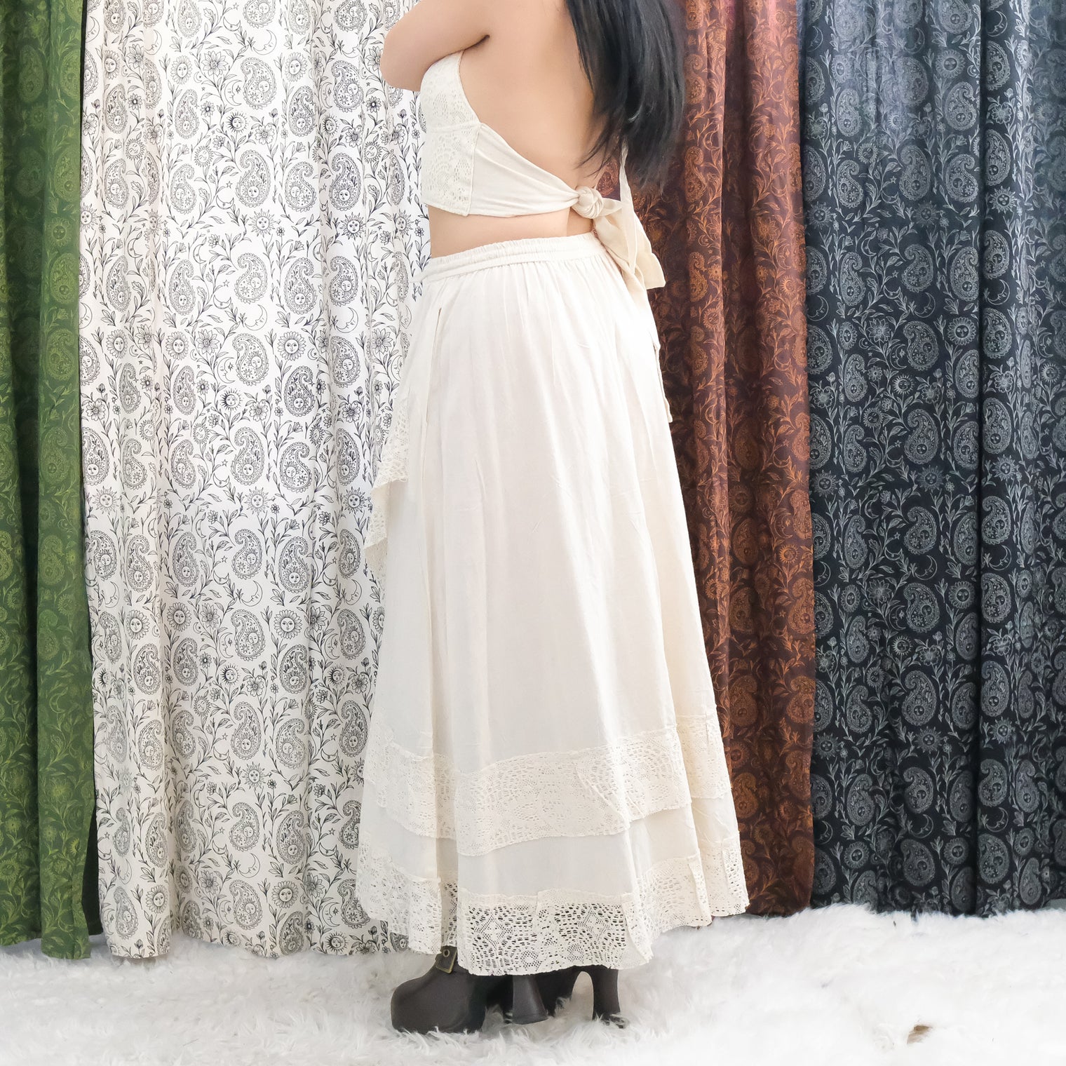 Boho Lace Maxi Skirt Set with Reversible Halter Bralette