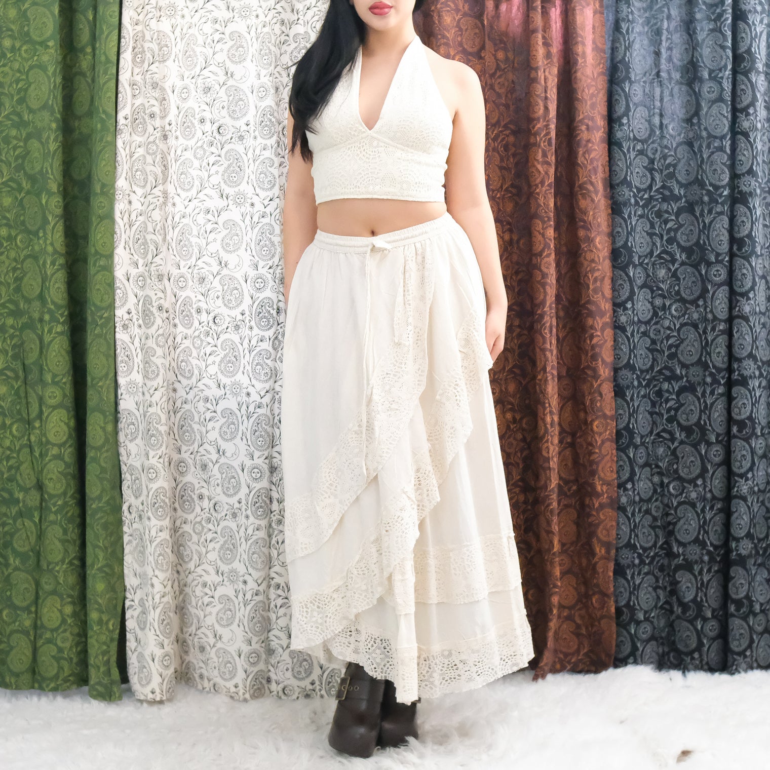 Boho Lace Maxi Skirt Set with Reversible Halter Bralette