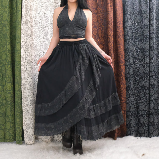 Boho Lace Maxi Skirt Set with Reversible Halter Bralette