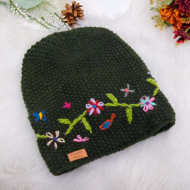 Hand Knit Embroidery Slouchy Hat