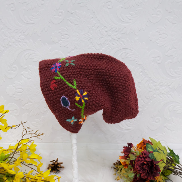 Hand Knit Embroidery Slouchy Hat