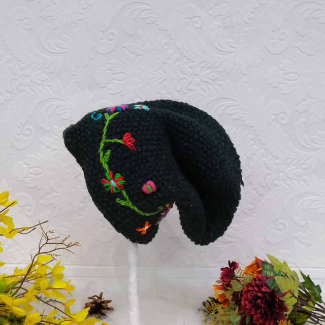 Hand Knit Embroidery Slouchy Hat