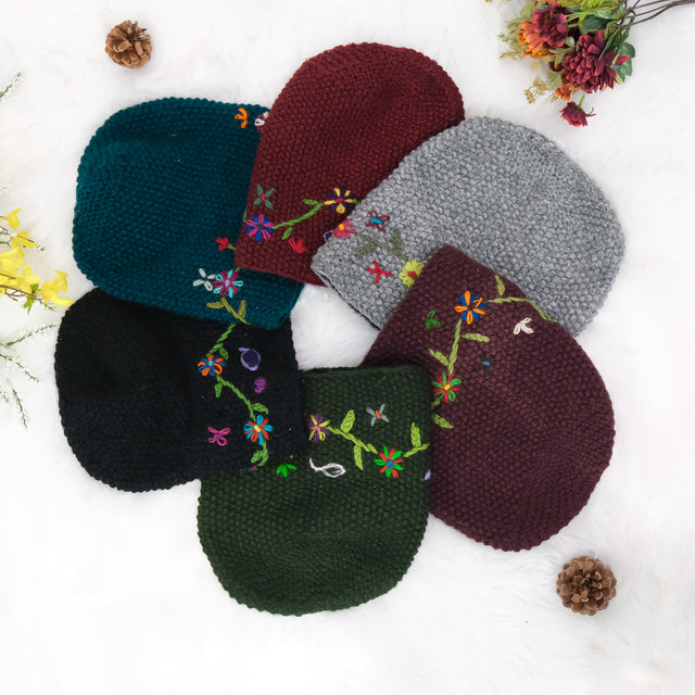 Hand Knit Embroidery Slouchy Hat