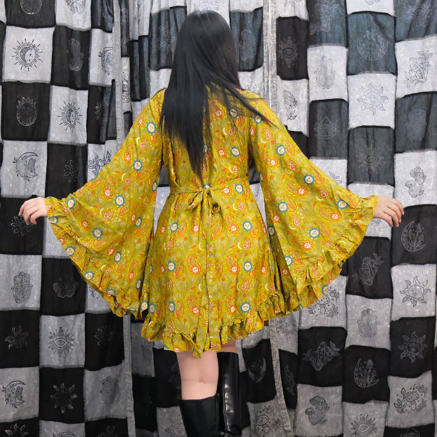 Boho Peacock Paisley Wrap Dress with Bell Sleeves
