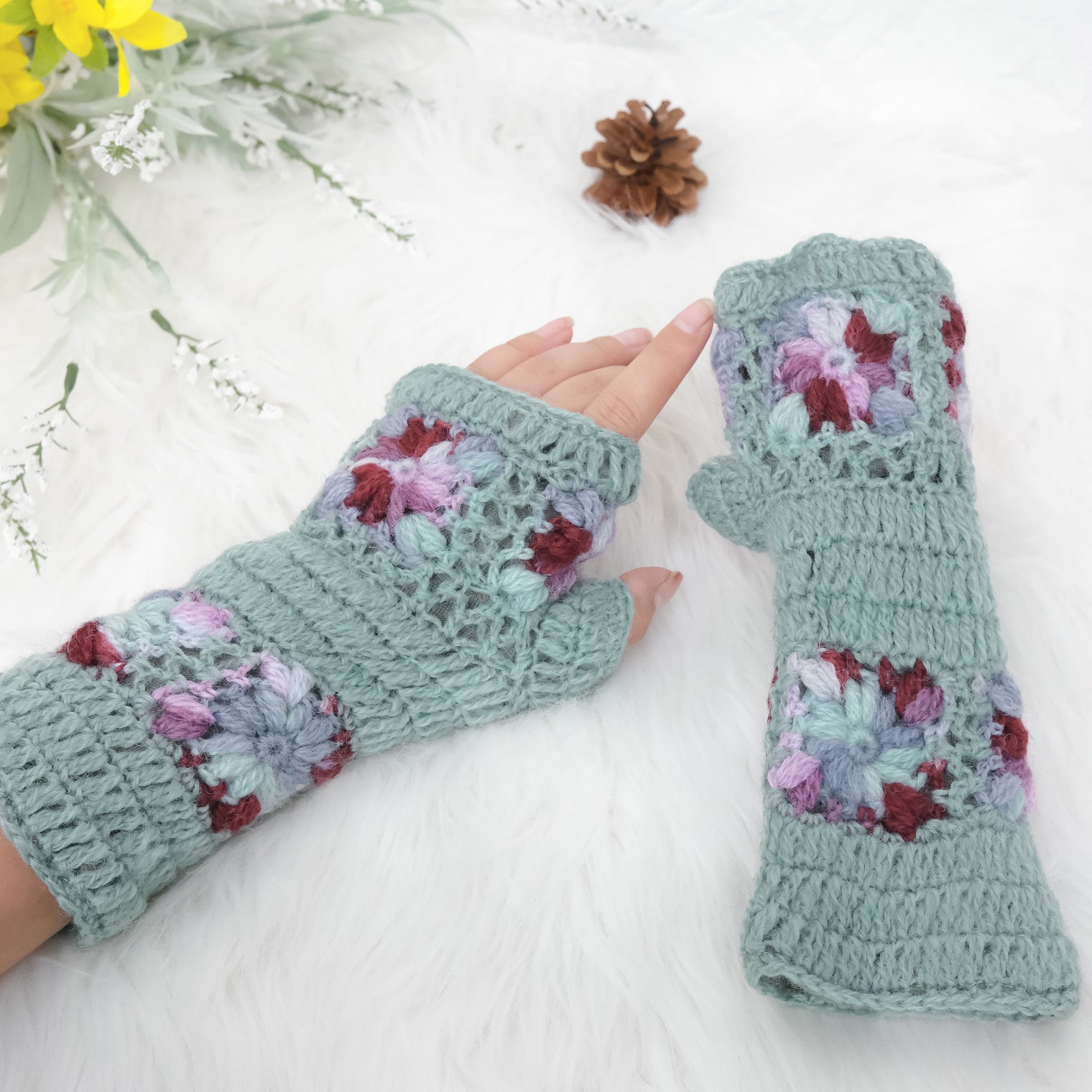 Hand Knitted Crochet Flower Design Hand Warmer