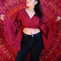 3 Way Flare Sleeve Cotton Wrap Top with Ruffle