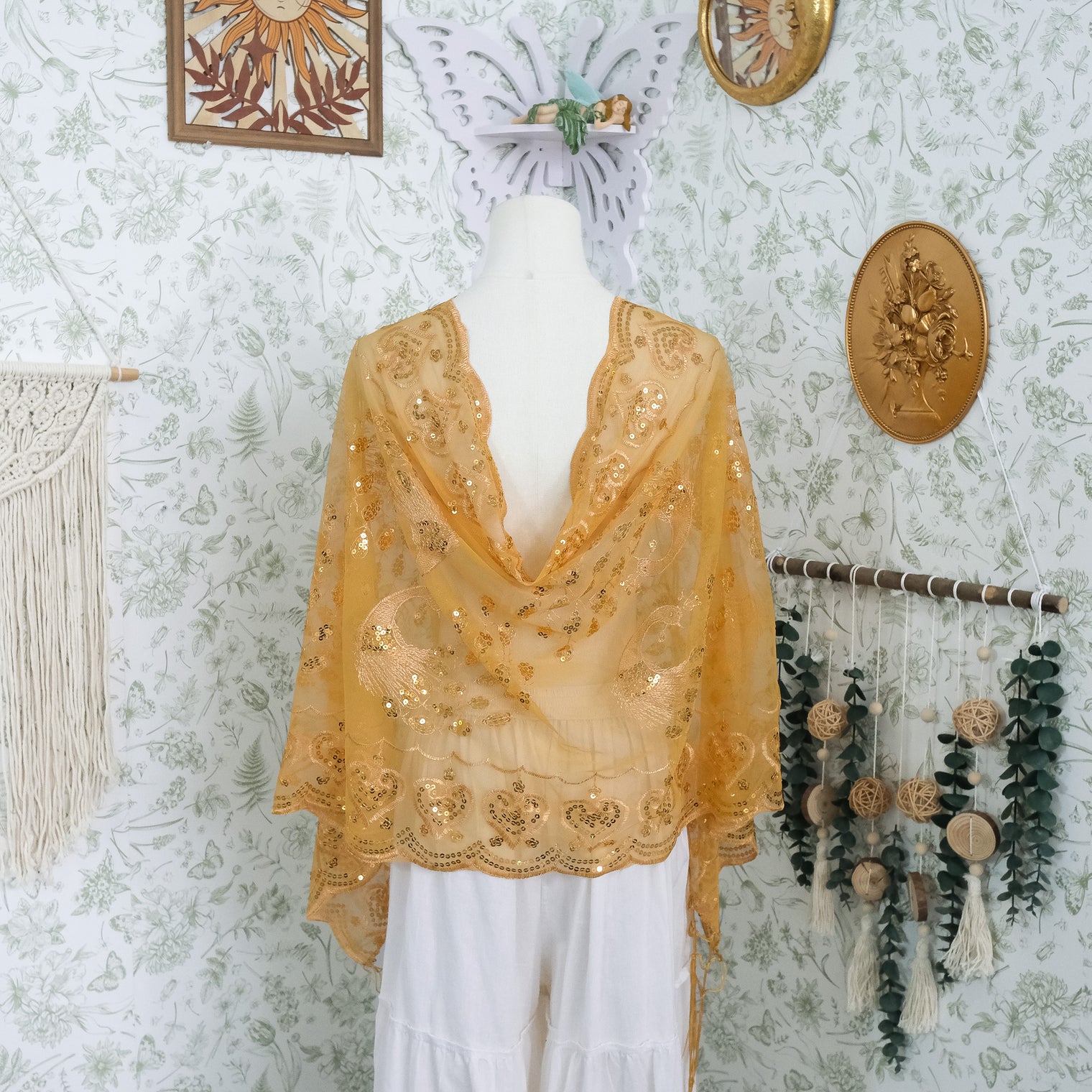 Witchy Peacock Embroidered Sequin Shawl