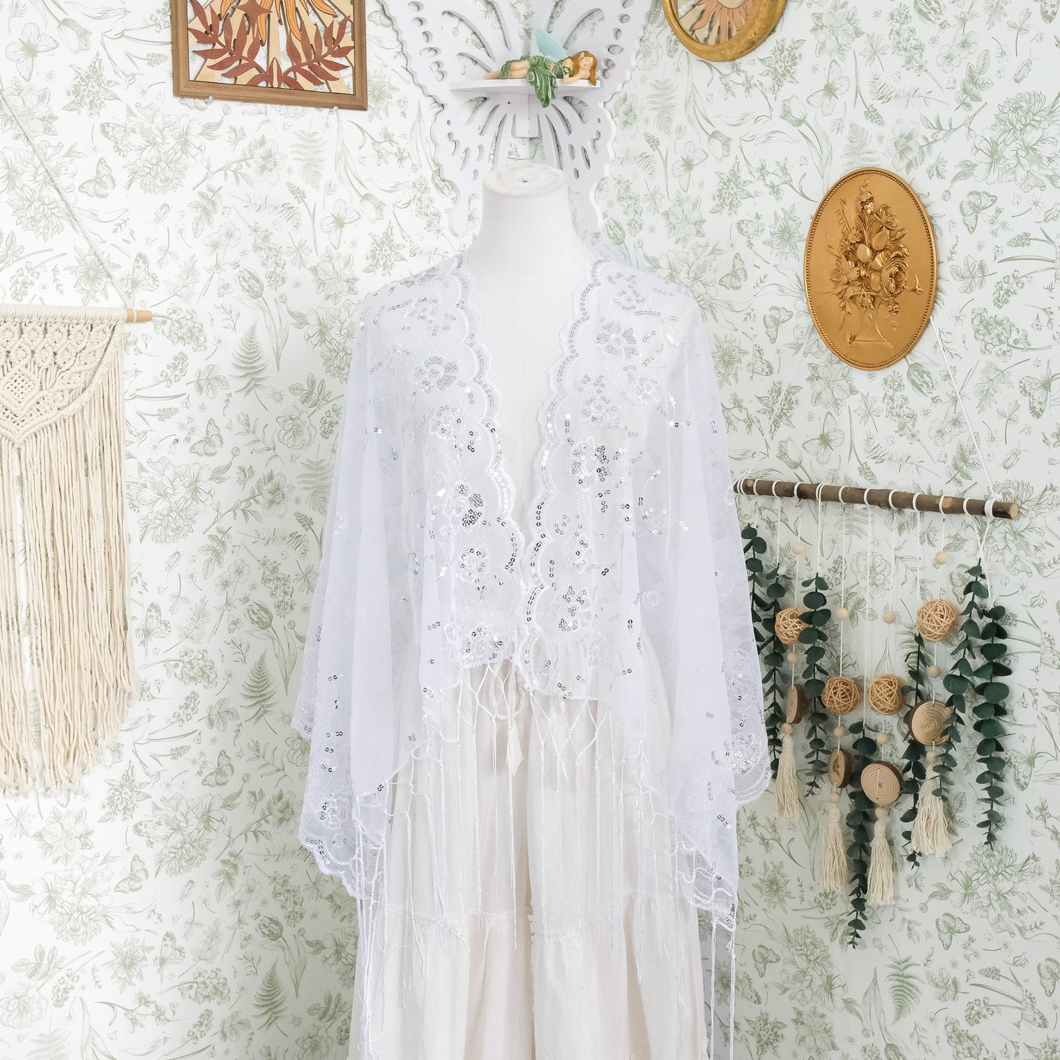 Sequin Embroidered Lace Fringe Shawl