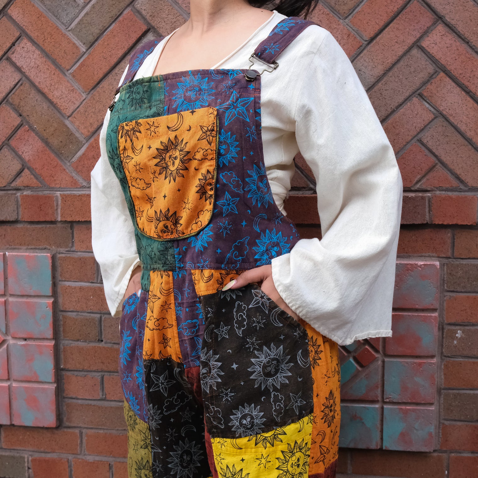 Patchwork Celestial Wide Leg Jumpsuit with Pockets