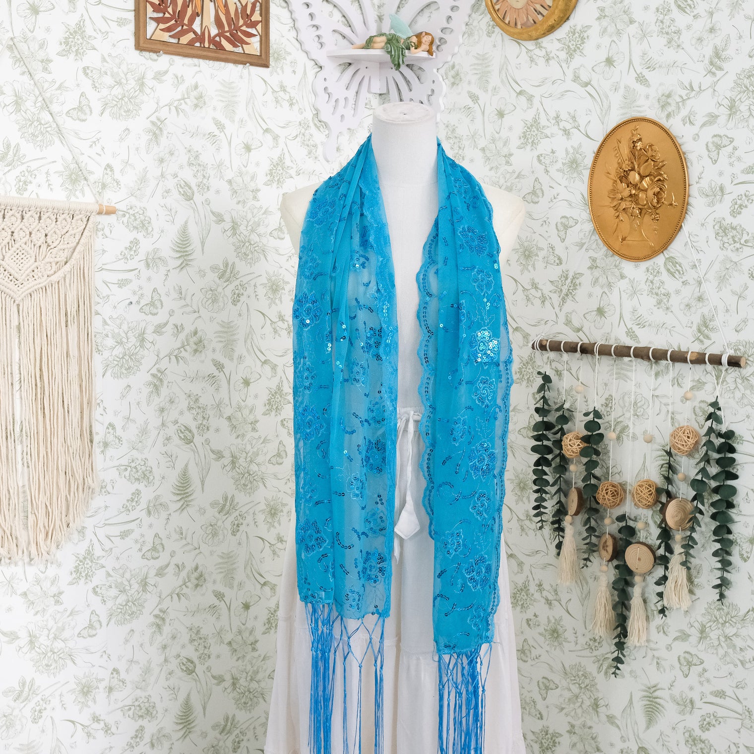 Sequin Embroidered Lace Fringe Shawl