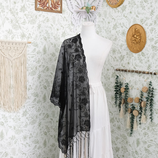 Sequin Embroidered Lace Fringe Shawl