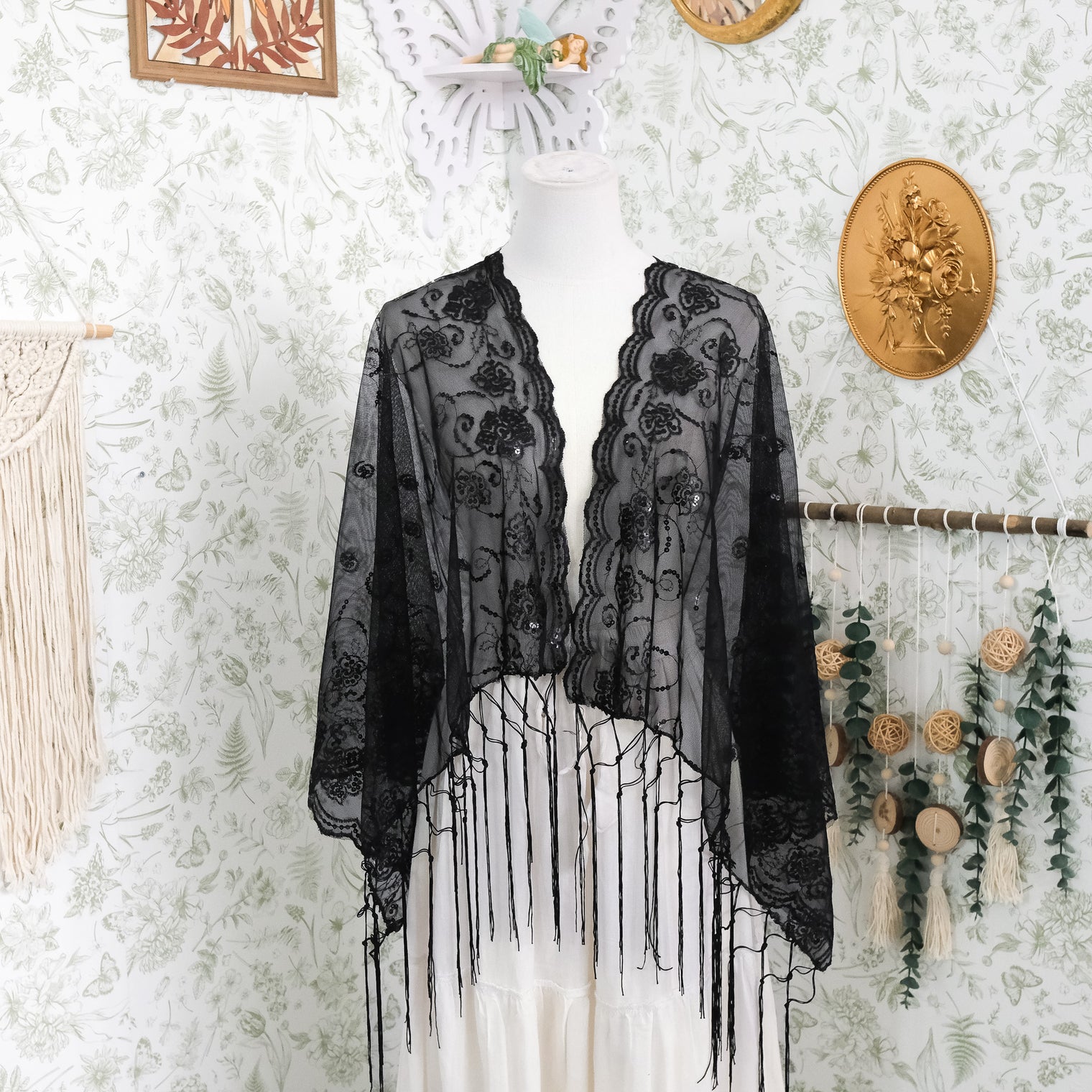 Sequin Embroidered Lace Fringe Shawl