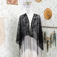 Sequin Embroidered Lace Fringe Shawl
