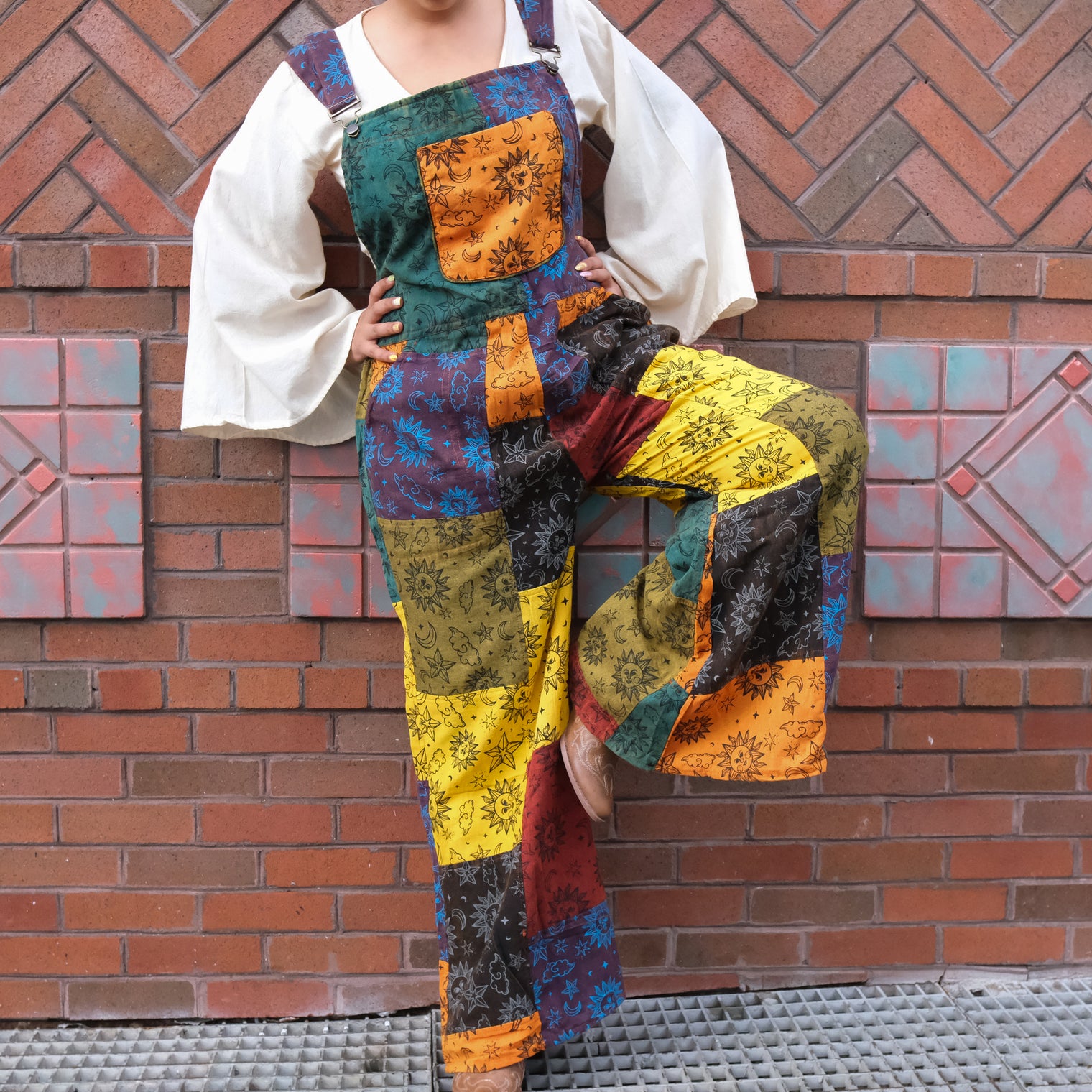 Patchwork Celestial Wide Leg Jumpsuit with Pockets