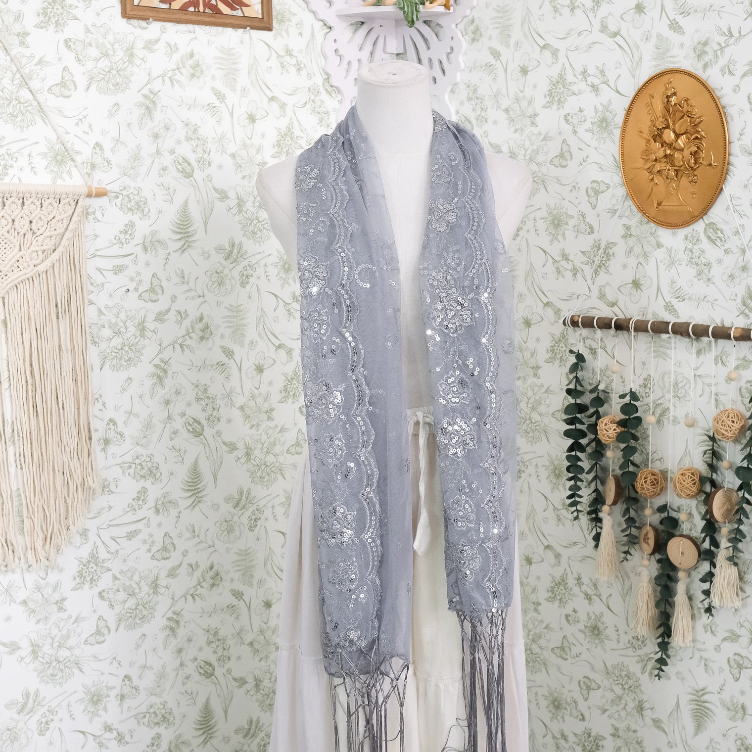 Sequin Embroidered Lace Fringe Shawl