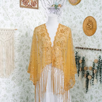 Sequin Embroidered Lace Fringe Shawl