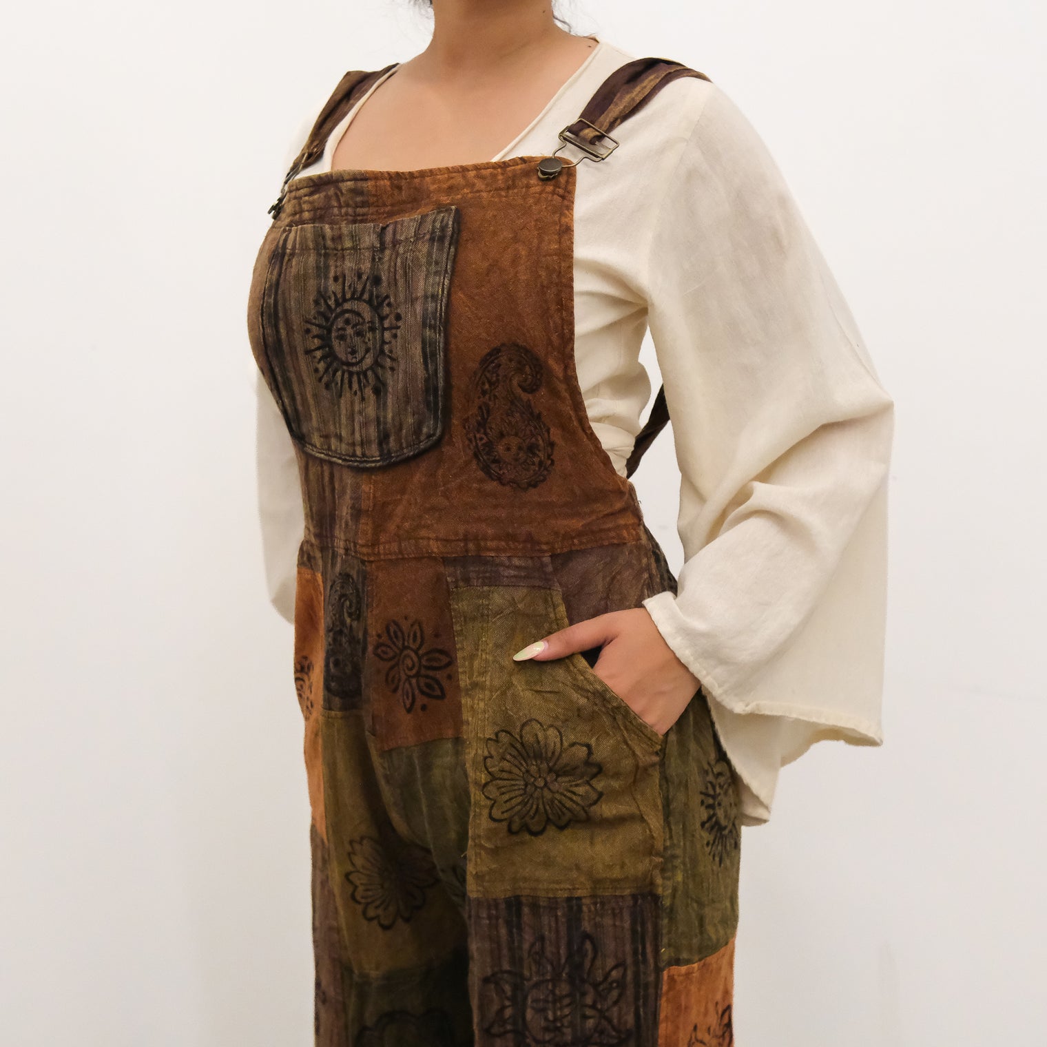 Patchwork Wide Leg Jumpsuit with Pockets