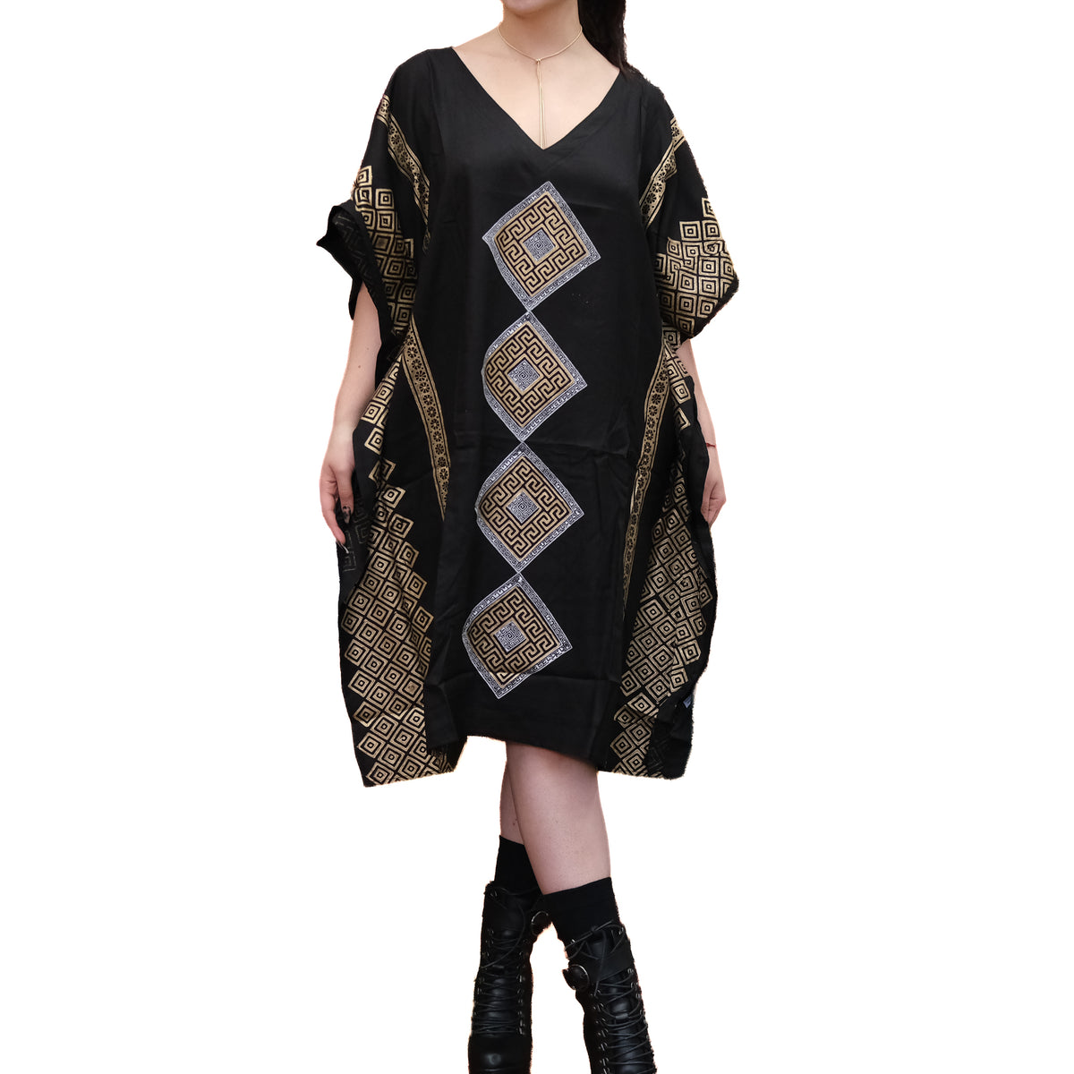 Shimmering Gold Block Print Boho Kaftan Dress