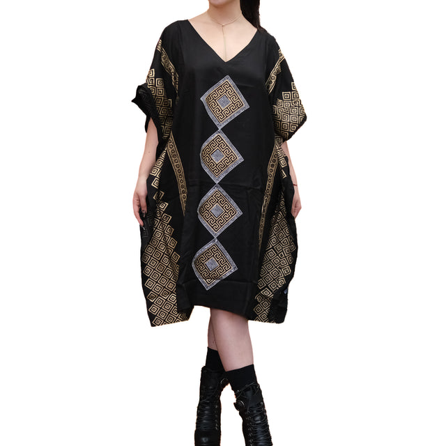 Shimmering Gold Block Print Boho Kaftan Dress