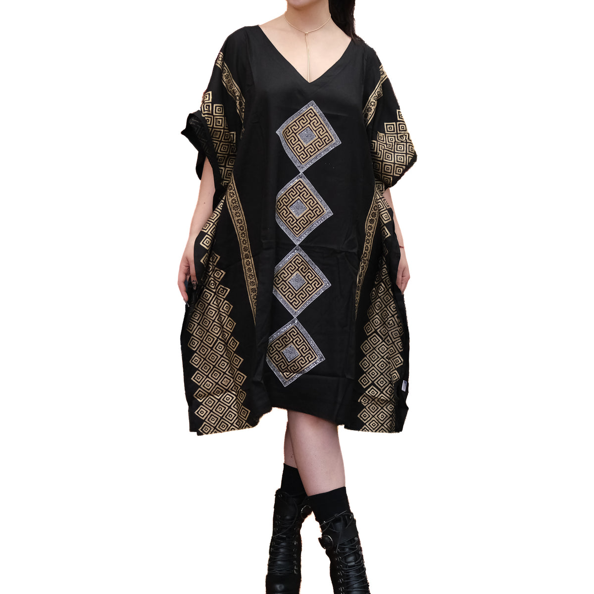 Shimmering Gold Block Print Boho Kaftan Dress