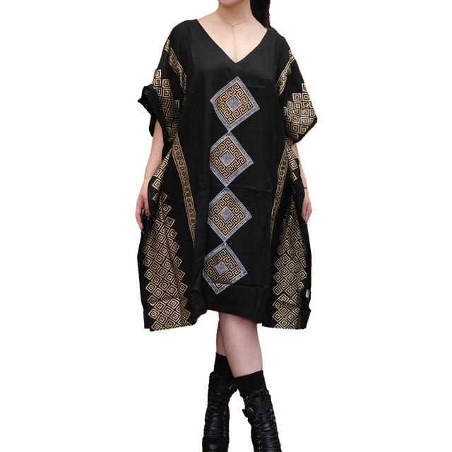 Shimmering Gold Block Print Boho Kaftan Dress