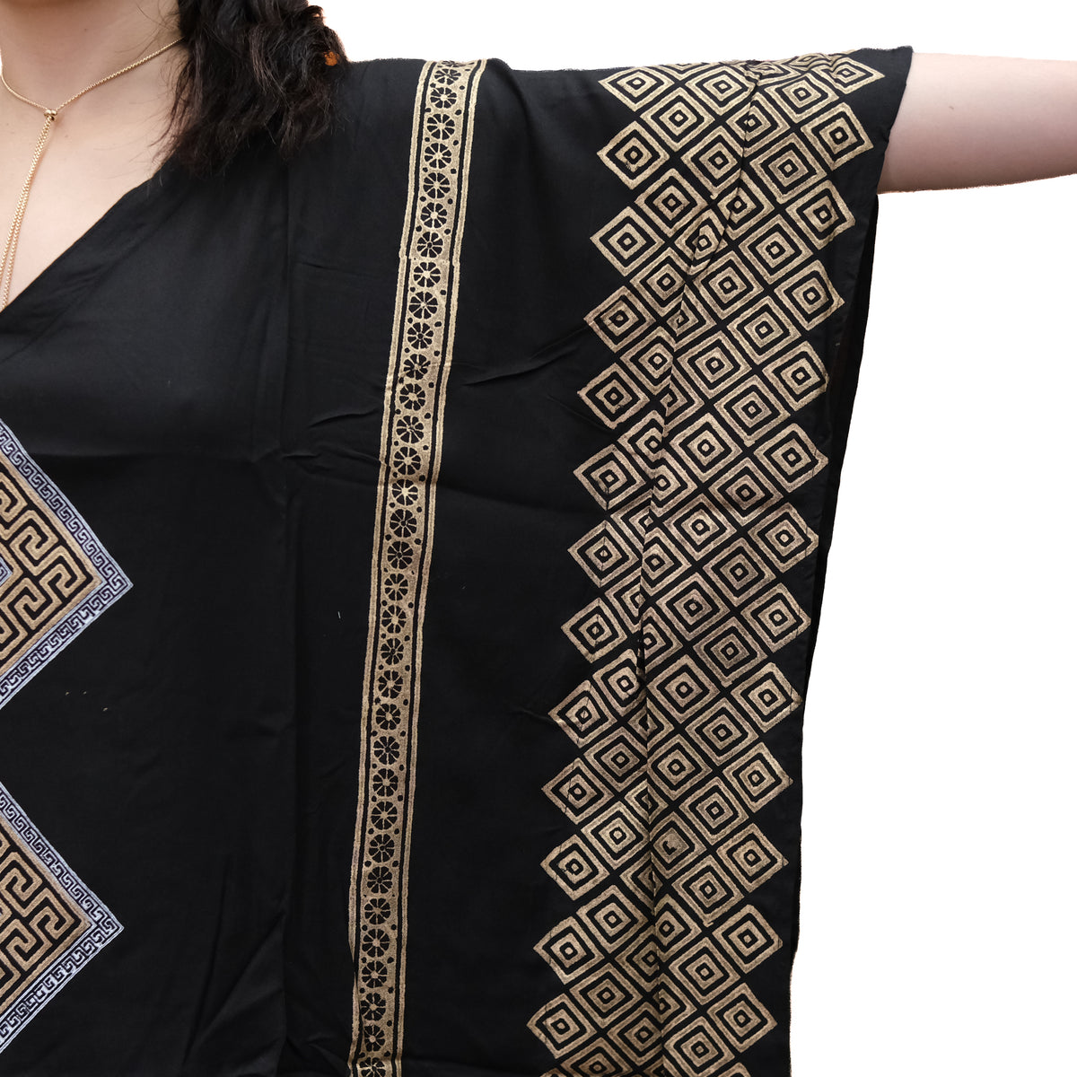 Shimmering Gold Block Print Boho Kaftan Dress