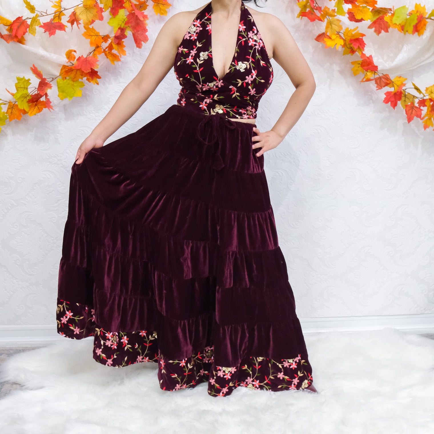 Boho Bloom Velvet Skirt Set with Hand Embroidery