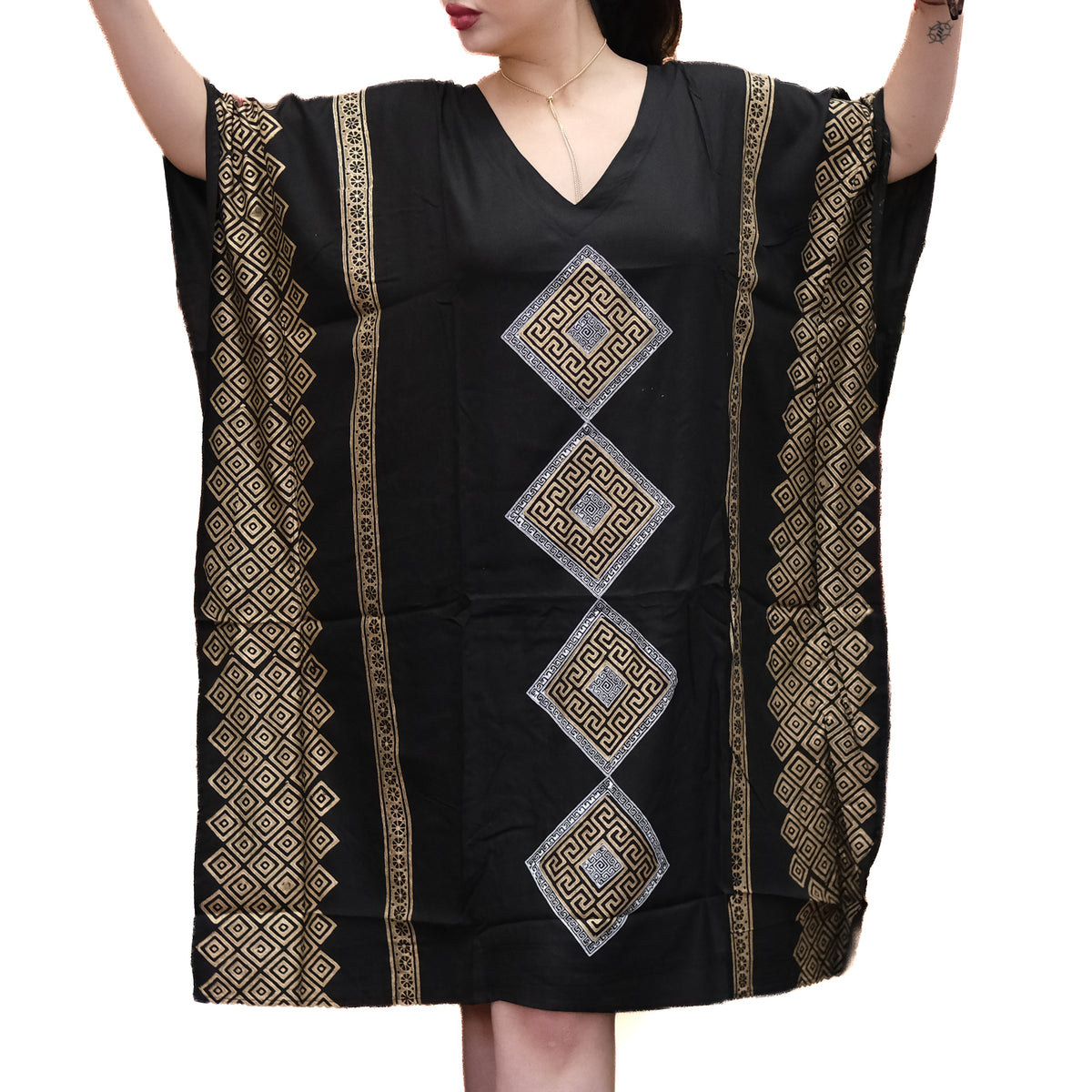Shimmering Gold Block Print Boho Kaftan Dress