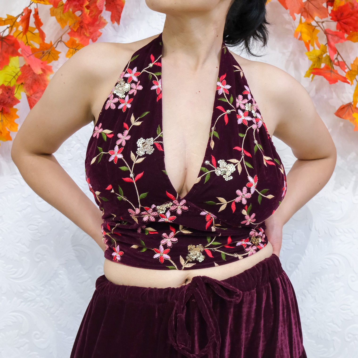 Hand Embroidery Velvet Halter Top