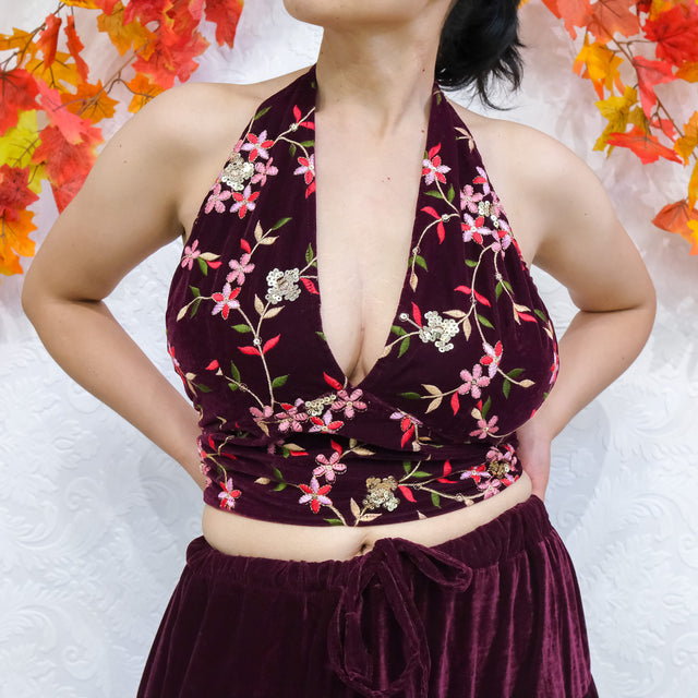 Hand Embroidery Velvet Halter Top