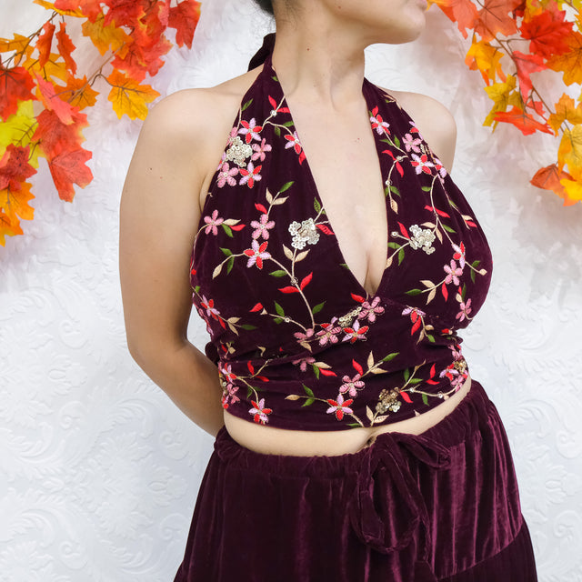 Hand Embroidery Velvet Halter Top